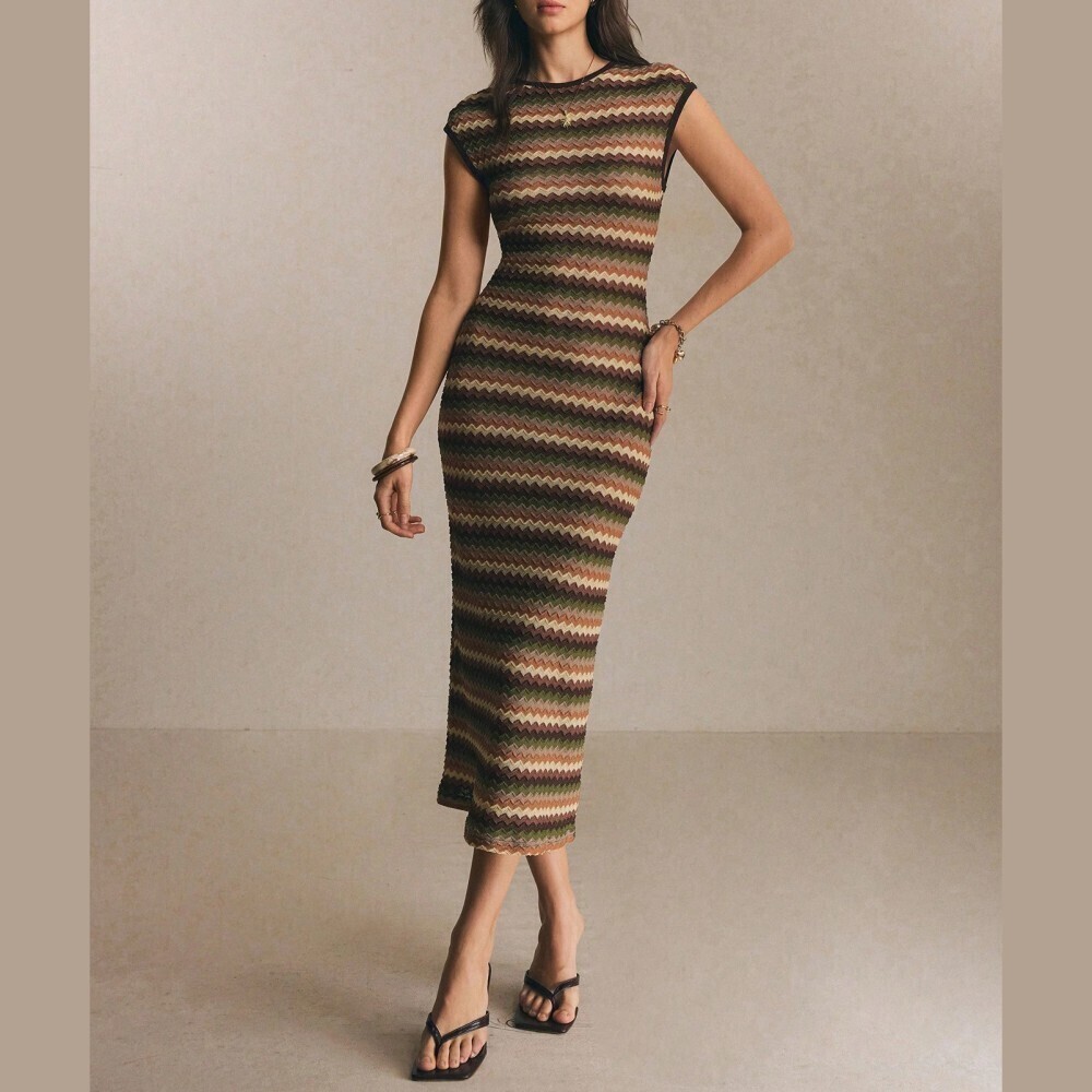 Brown Chevron Knit Cap Sleeve Bodycon Midi Dress